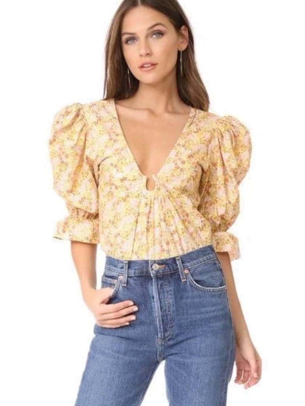 Petersyn Alexis Floral Print V Neck Puff Sleeve Blouse Top 100% Cotton SMALL
